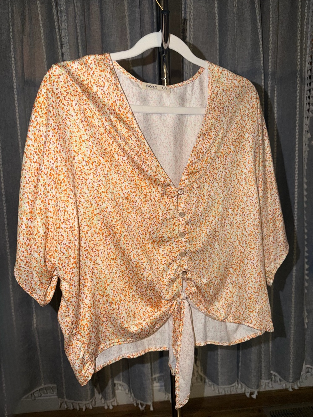 Sozy- Tie-Front Button up Blouse in Cream and Orange